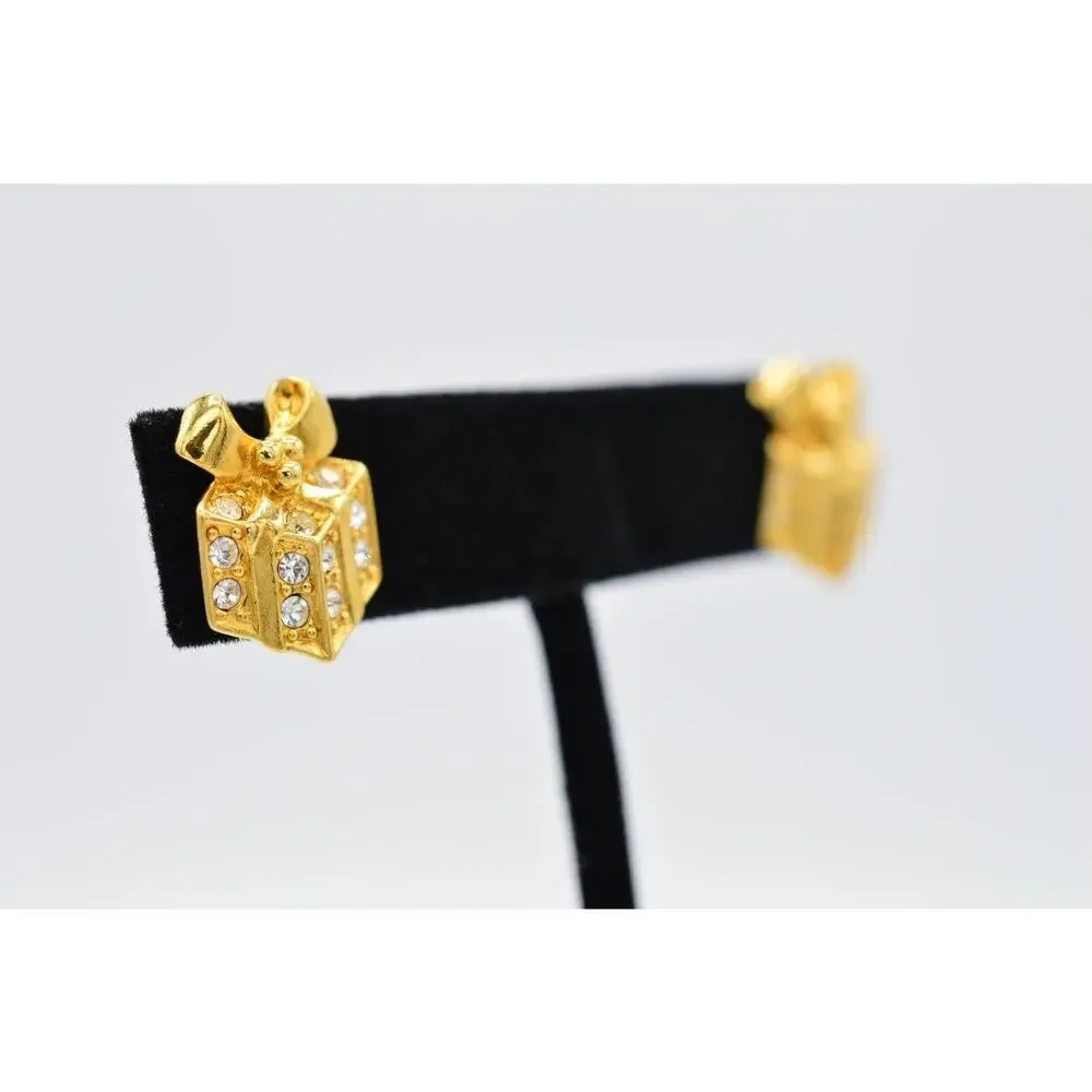 Avon Vintage Earrings Rhinestone Crystal Gold Gift Box Present Holiday Signed 9H